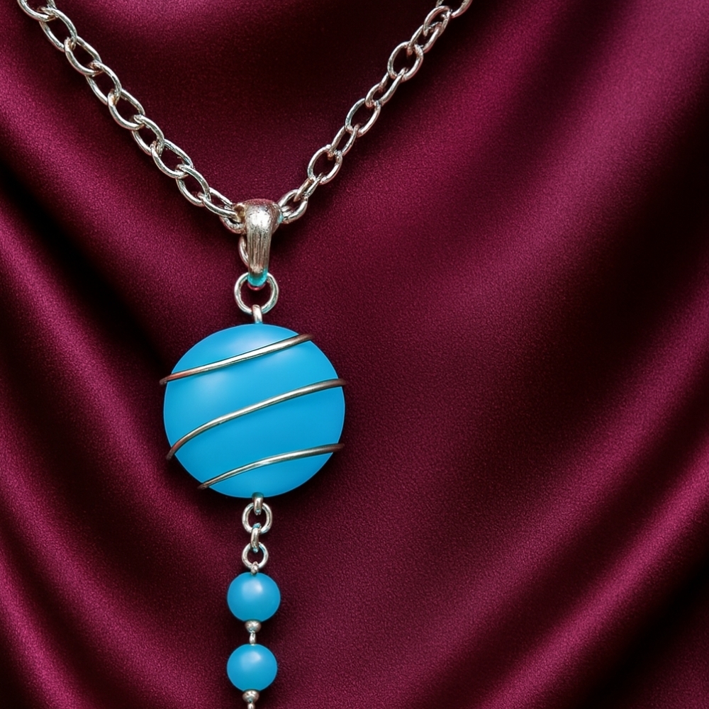 Turquoise Pendant Necklace – Twisted Silver Wire Wrap w/ Beaded Drop | Artisan